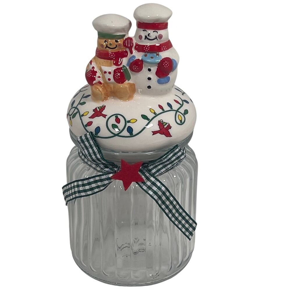 Temptations Tara Small Apothecary Jar Xmas Jolly Gingerbread/Snowman Ceramic Top